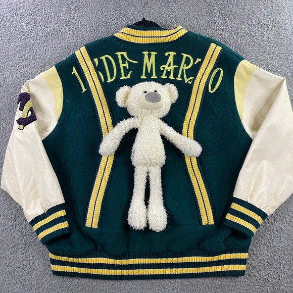 13‎ De Marzo Jacket Mens Medium Teddy Bear Baseball Varsity Bomber Sweater NEW - Picture 1 of 14
